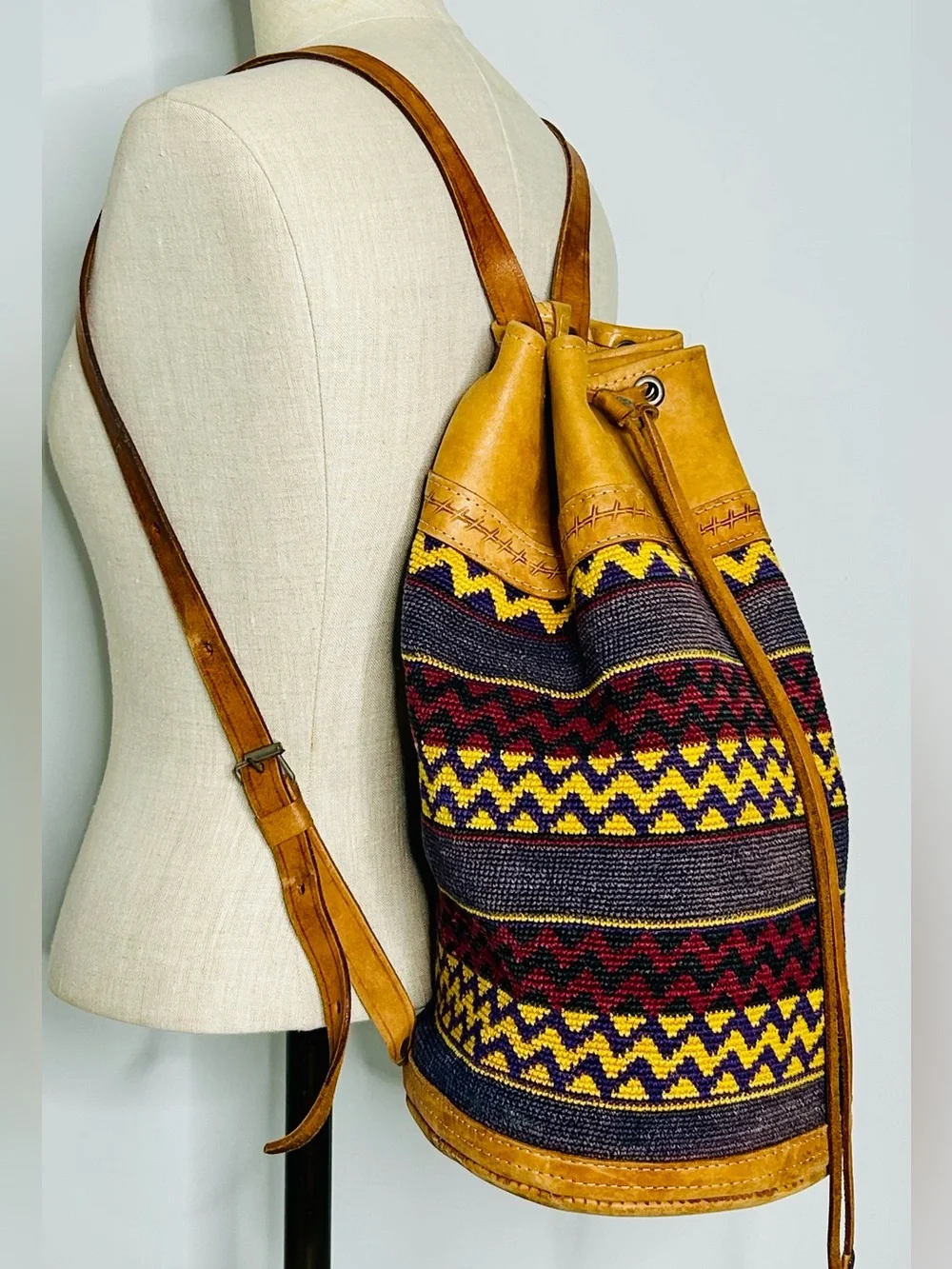 Vintage Handwoven Kilim Backpack Bucket Bag, Drawstring, Tribal Pattern, Leather